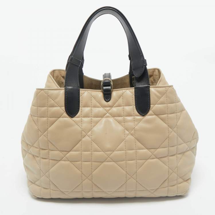 Pre Owned Dior Beige/Black Cannage Leather Medium Dior Toujours Tote