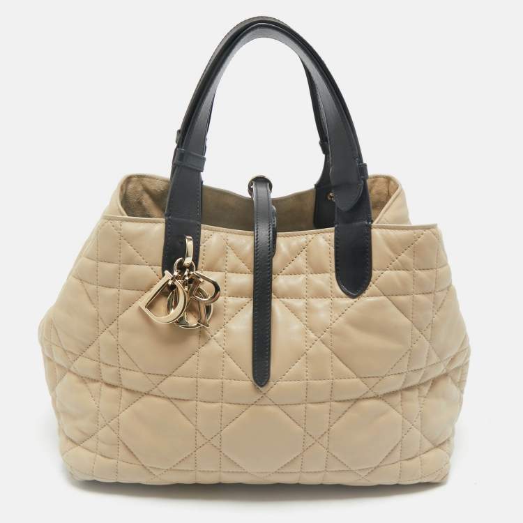 Pre Owned Dior Beige/Black Cannage Leather Medium Dior Toujours Tote