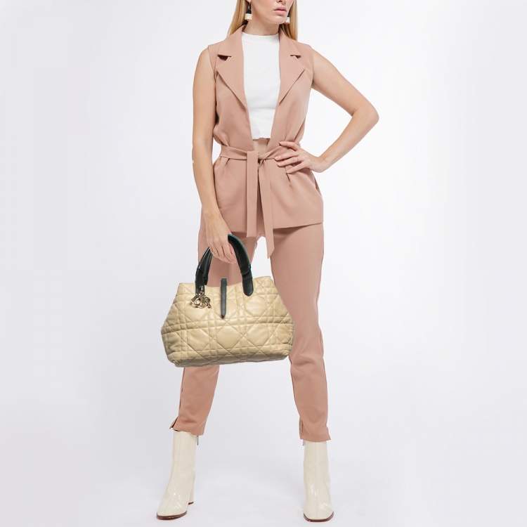 Pre Owned Dior Beige/Black Cannage Leather Medium Dior Toujours Tote