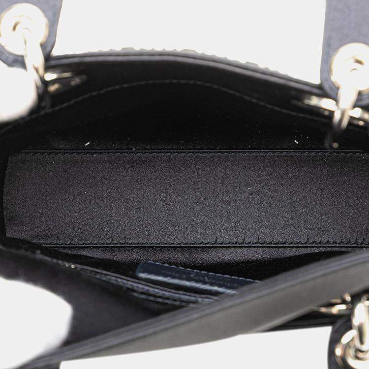 Pre Owned Dior Navy Blue Mini Satin Cannage Strass Crystal Embellished Lady Dior