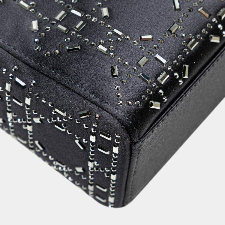 Pre Owned Dior Navy Blue Mini Satin Cannage Strass Crystal Embellished Lady Dior