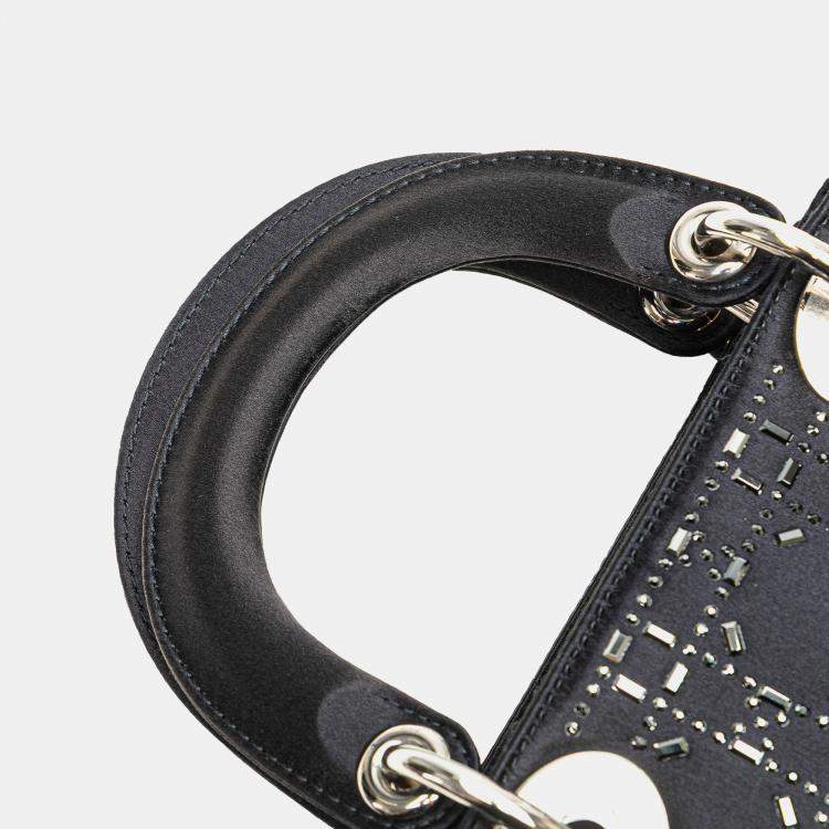 Pre Owned Dior Navy Blue Mini Satin Cannage Strass Crystal Embellished Lady Dior
