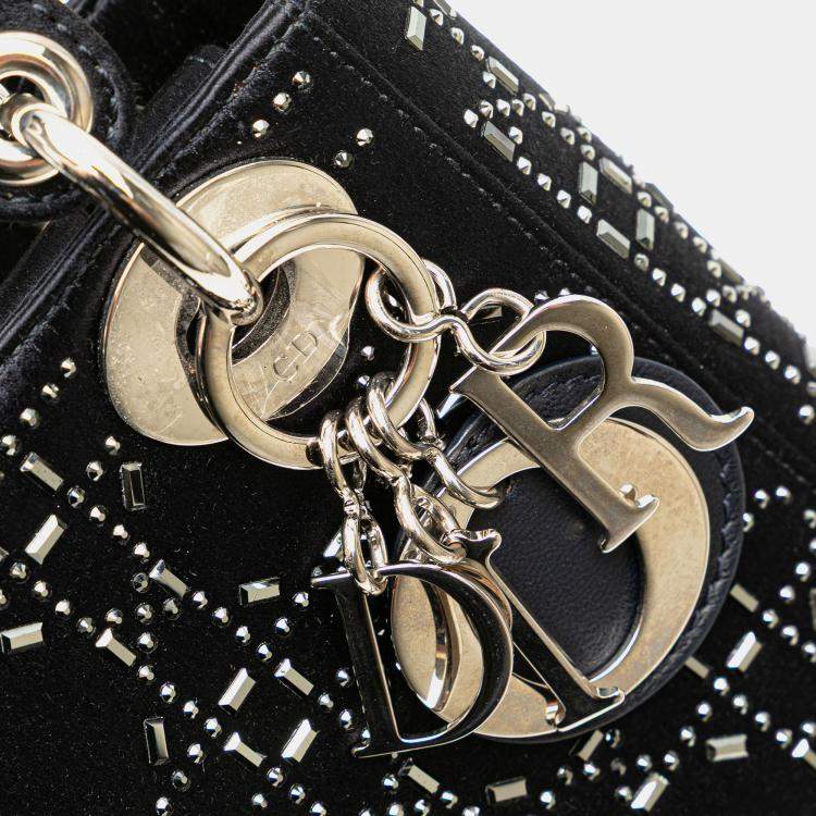 Pre Owned Dior Navy Blue Mini Satin Cannage Strass Crystal Embellished Lady Dior