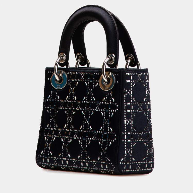 Pre Owned Dior Navy Blue Mini Satin Cannage Strass Crystal Embellished Lady Dior