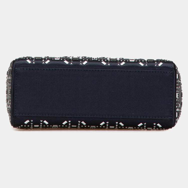 Pre Owned Dior Navy Blue Mini Satin Cannage Strass Crystal Embellished Lady Dior