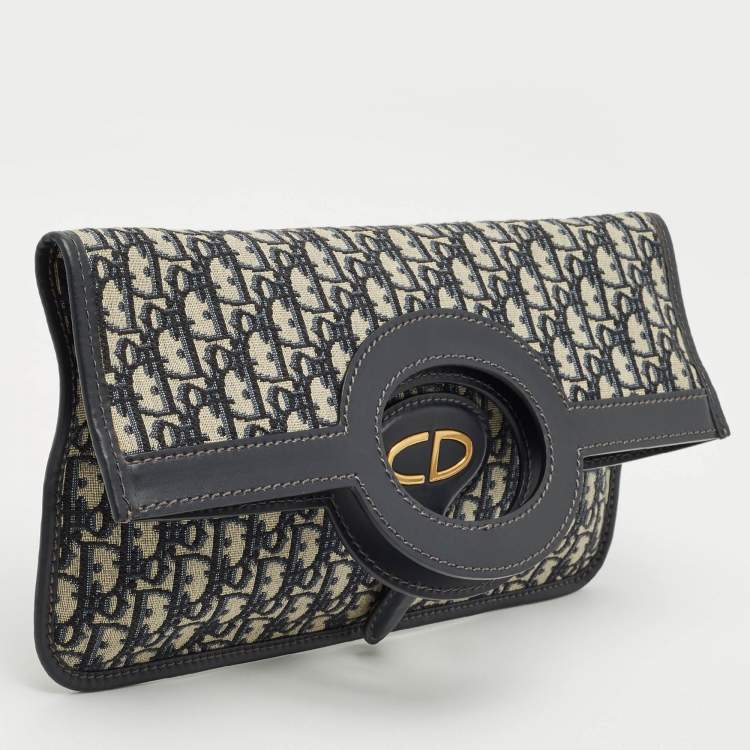 Pre Owned Dior Navy Blue Oblique Canvas Fold Over Clutch