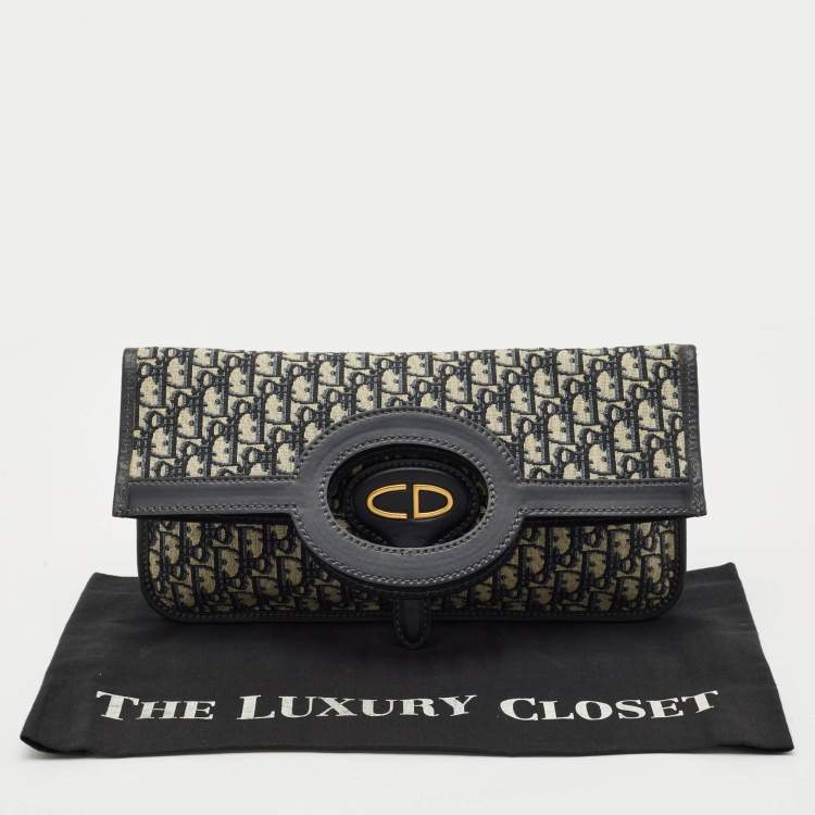Pre Owned Dior Navy Blue Oblique Canvas Fold Over Clutch