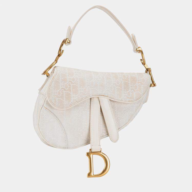 Pre Owned Dior White Mini Oblique Canvas Saddle Bag