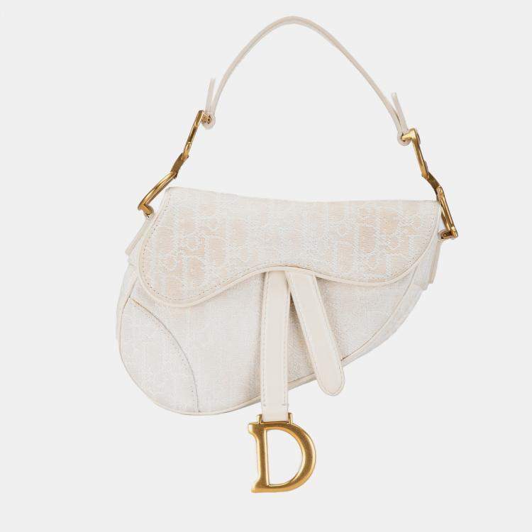 Pre Owned Dior White Mini Oblique Canvas Saddle Bag