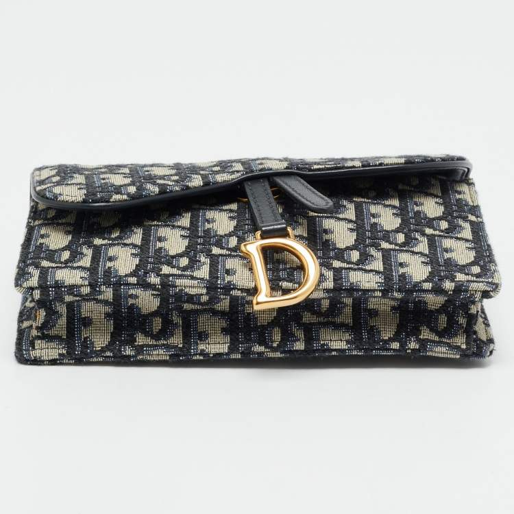 Pre Owned Dior Navy Blue Oblique Canvas and Leather Saddle Pouch Belt Bag