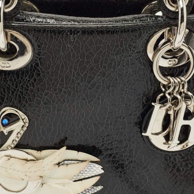 Pre Owned Dior Black Crackled Leather Mini Jeweled Swan Lady Dior Tote