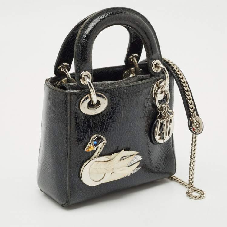 Pre Owned Dior Black Crackled Leather Mini Jeweled Swan Lady Dior Tote