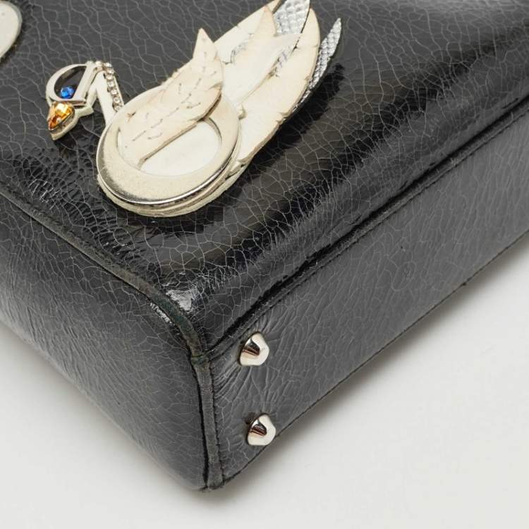 Pre Owned Dior Black Crackled Leather Mini Jeweled Swan Lady Dior Tote