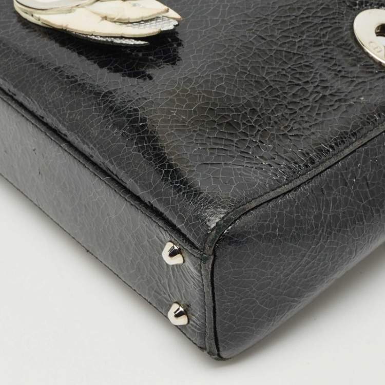 Pre Owned Dior Black Crackled Leather Mini Jeweled Swan Lady Dior Tote