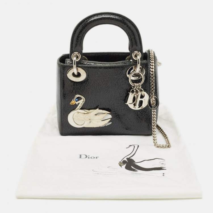 Pre Owned Dior Black Crackled Leather Mini Jeweled Swan Lady Dior Tote
