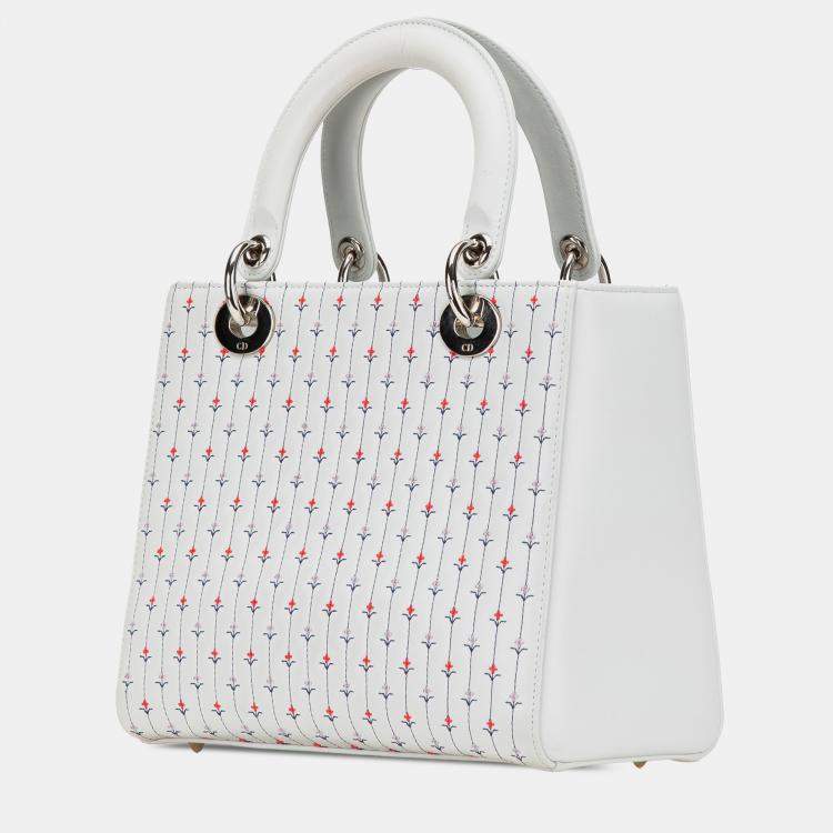 Pre Owned Dior White Medium Calfskin Embroidered Flower Lady Dior