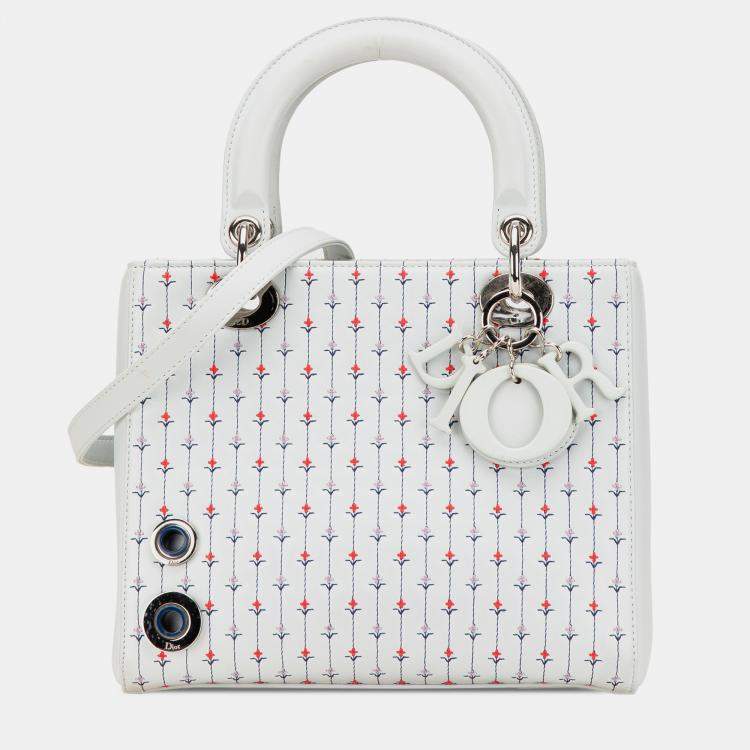 Pre Owned Dior White Medium Calfskin Embroidered Flower Lady Dior