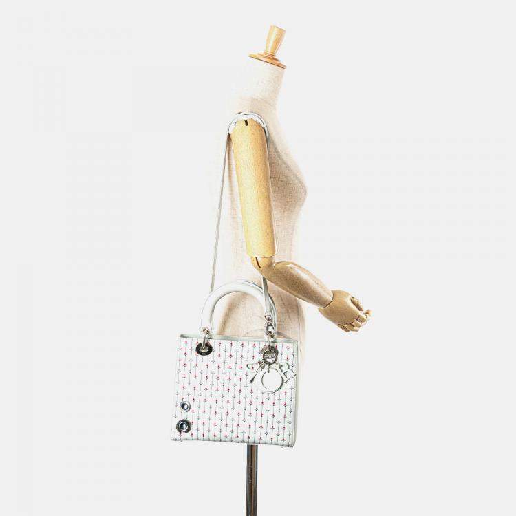 Pre Owned Dior White Medium Calfskin Embroidered Flower Lady Dior
