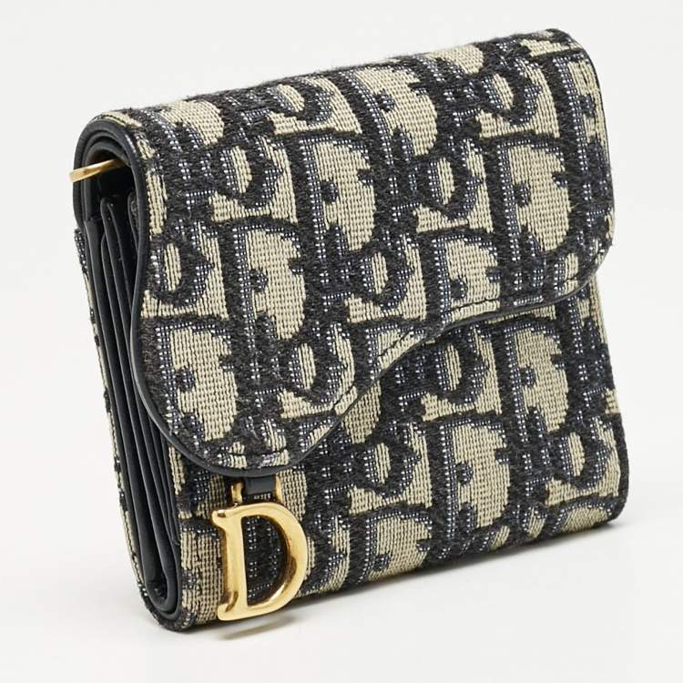 Pre Owned Dior Navy Blue Oblique Canvas Saddle Lotus Wallet