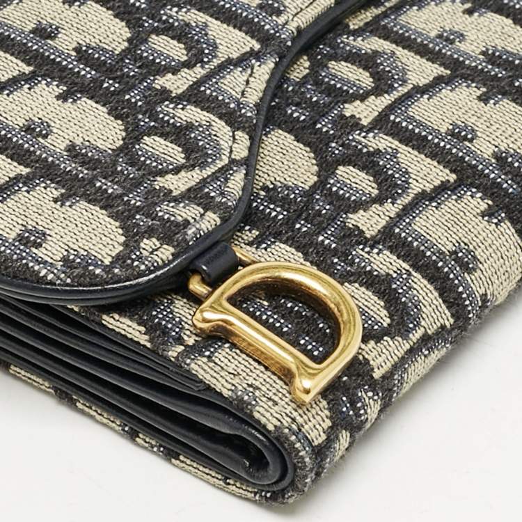Pre Owned Dior Navy Blue Oblique Canvas Saddle Lotus Wallet