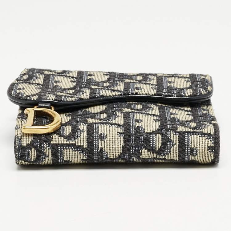 Pre Owned Dior Navy Blue Oblique Canvas Saddle Lotus Wallet