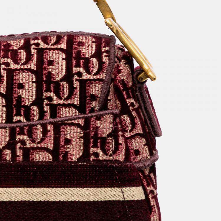 مملوكة مسبقًا Dior Burgundy Oblique Embroidered Velvet Saddle Bag