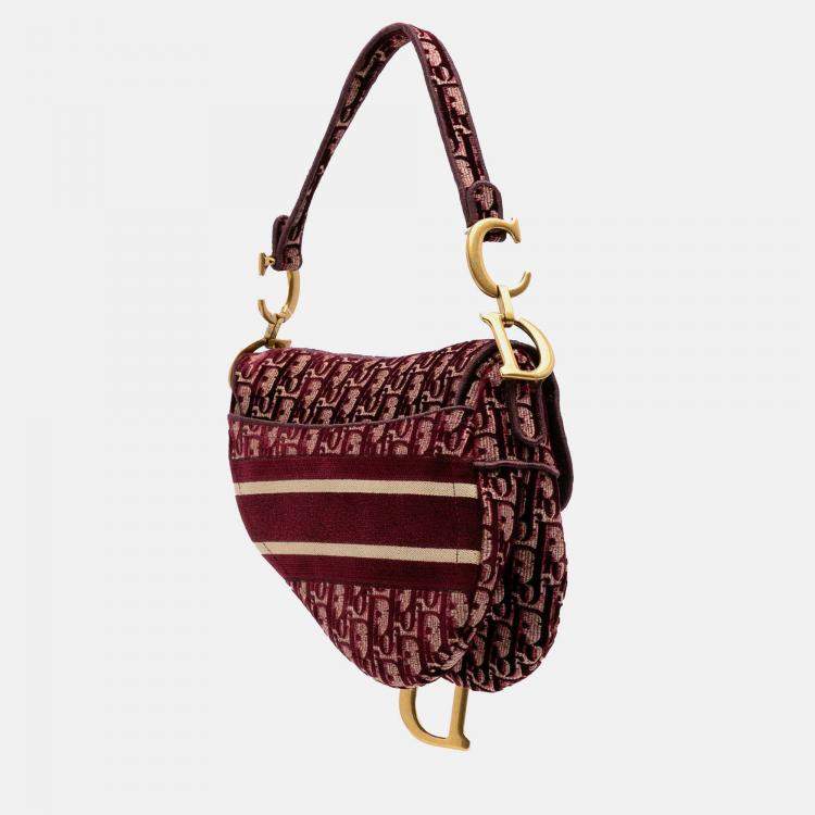 مملوكة مسبقًا Dior Burgundy Oblique Embroidered Velvet Saddle Bag