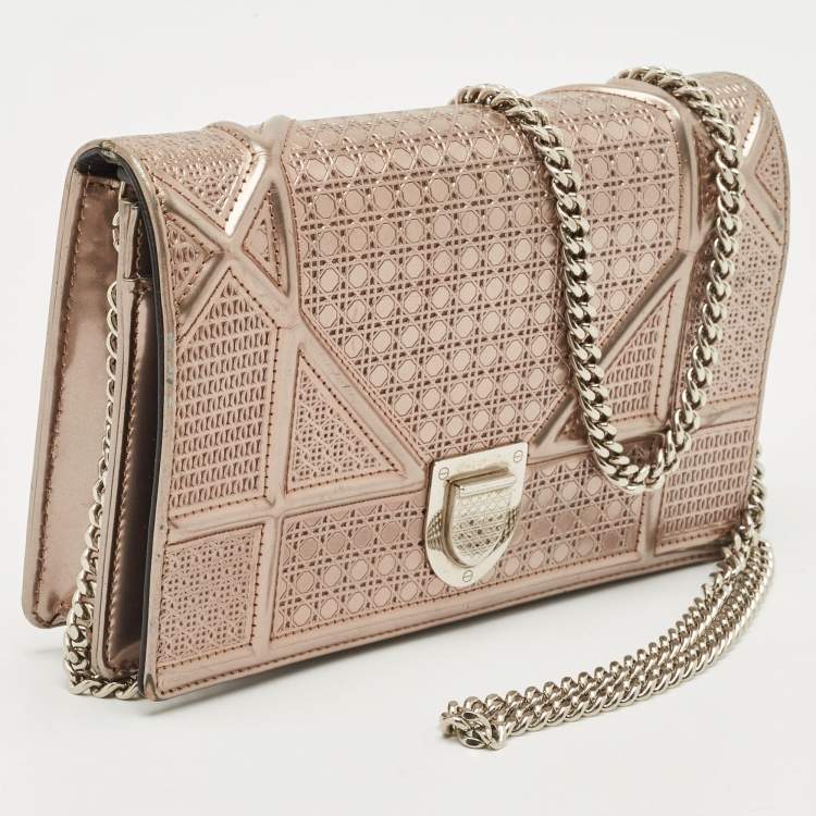 Pre Owned Dior Bronze Microcannage Patent Leather Diorama Wallet on Chain