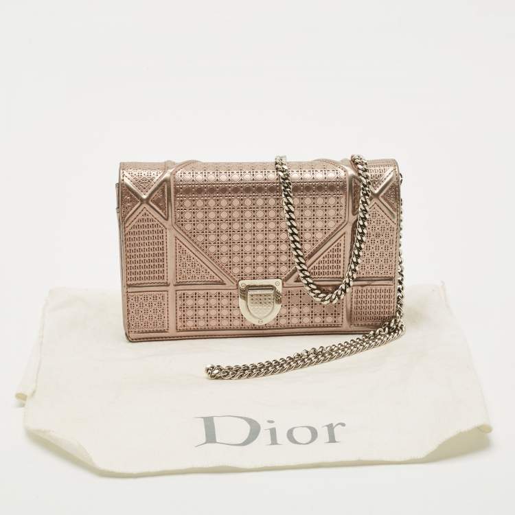 Pre Owned Dior Bronze Microcannage Patent Leather Diorama Wallet on Chain