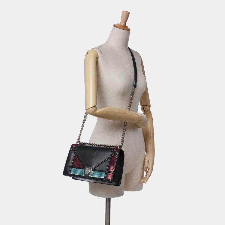Pre Owned Dior Black Medium Lambskin Sequin Diorama Flap Shoulder Bag