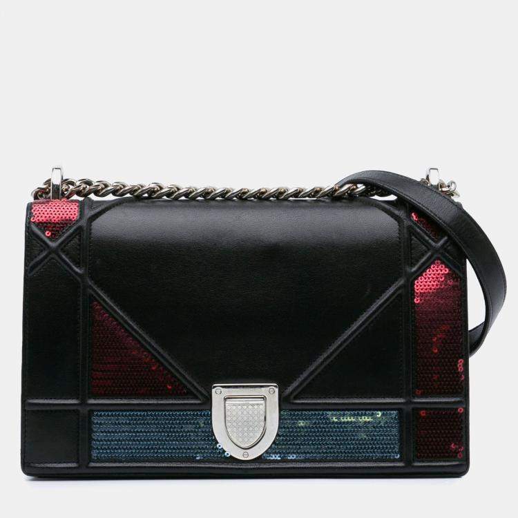 Pre Owned Dior Black Medium Lambskin Sequin Diorama Flap Shoulder Bag