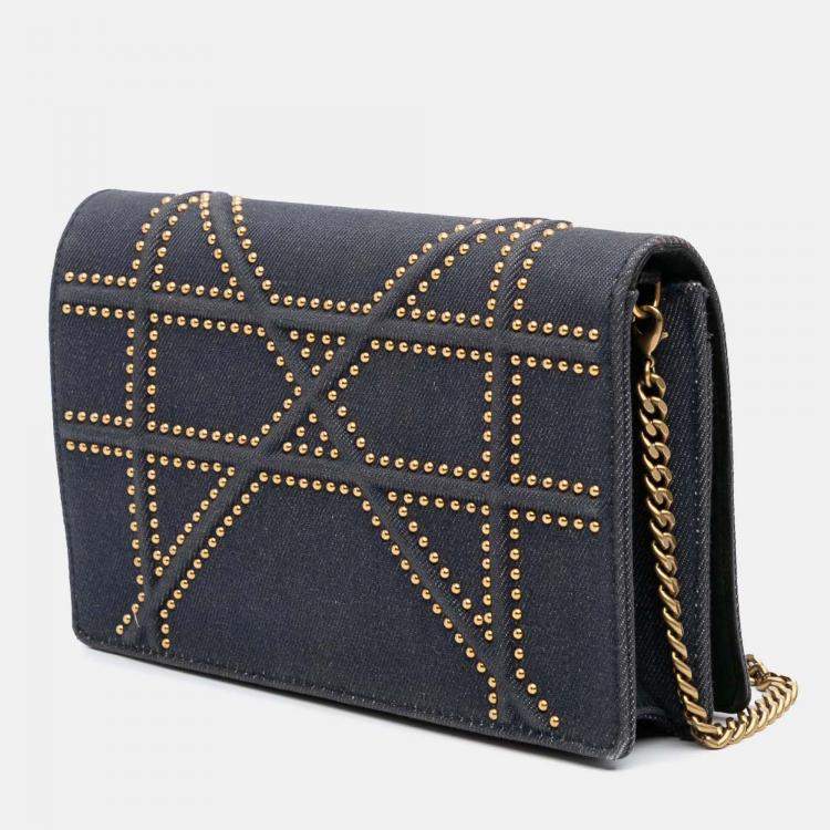 Pre Owned Dior Navy Blue Studded Denim Diorama Wallet on Chain