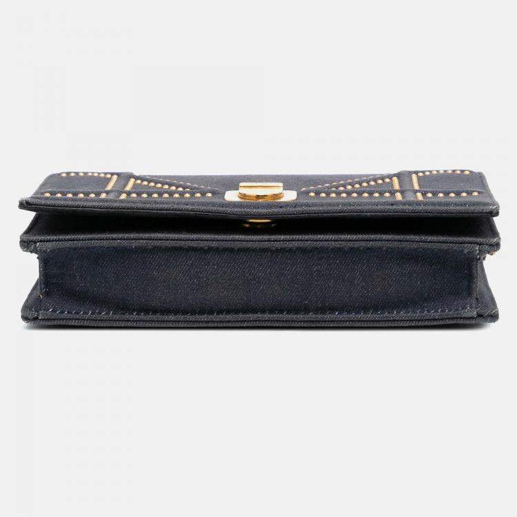 Pre Owned Dior Navy Blue Studded Denim Diorama Wallet on Chain