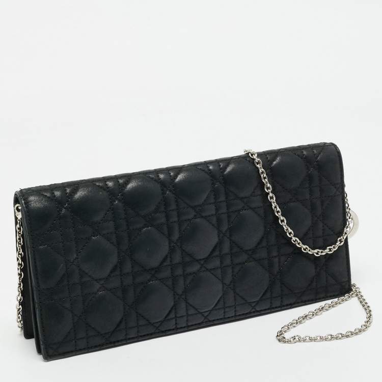 Pre Owned Dior Black Shimmer Cannage Leather Lady Dior Chain Clutch