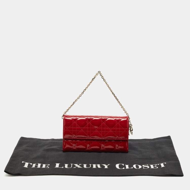 Pre Owned Dior Red Cannage Patent Leather Rendezvous Wallet on Chain