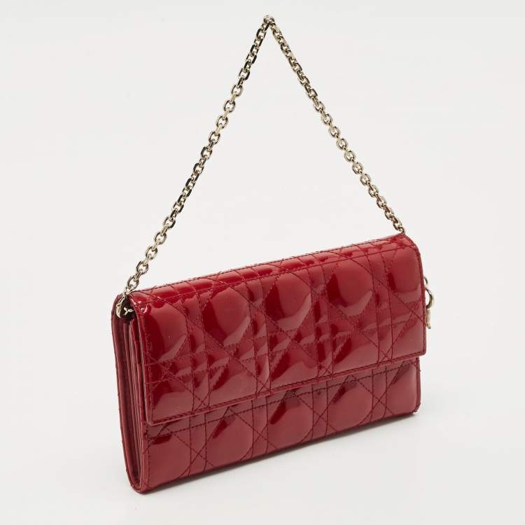 Pre Owned Dior Red Cannage Patent Leather Rendezvous Wallet on Chain