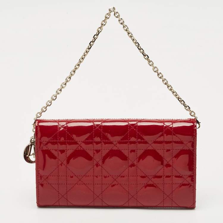 Pre Owned Dior Red Cannage Patent Leather Rendezvous Wallet on Chain