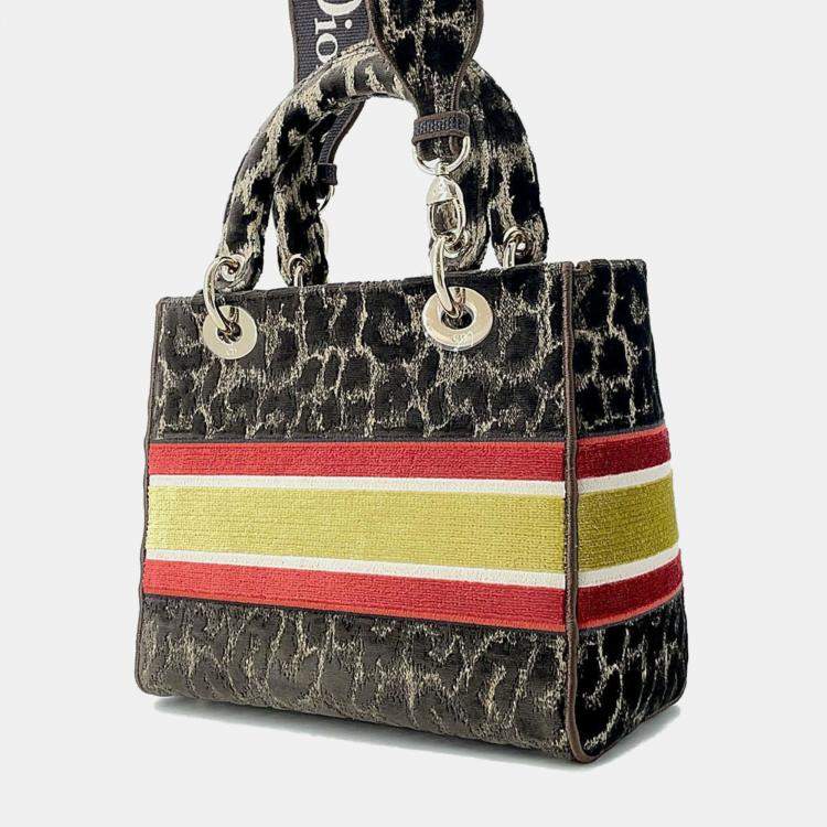 Pre Owned Dior Lady D-Lite Medium Leopard Brown/Red/Yellow Velvet Tote Bag