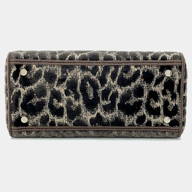 Pre Owned Dior Lady D-Lite Medium Leopard Brown/Red/Yellow Velvet Tote Bag
