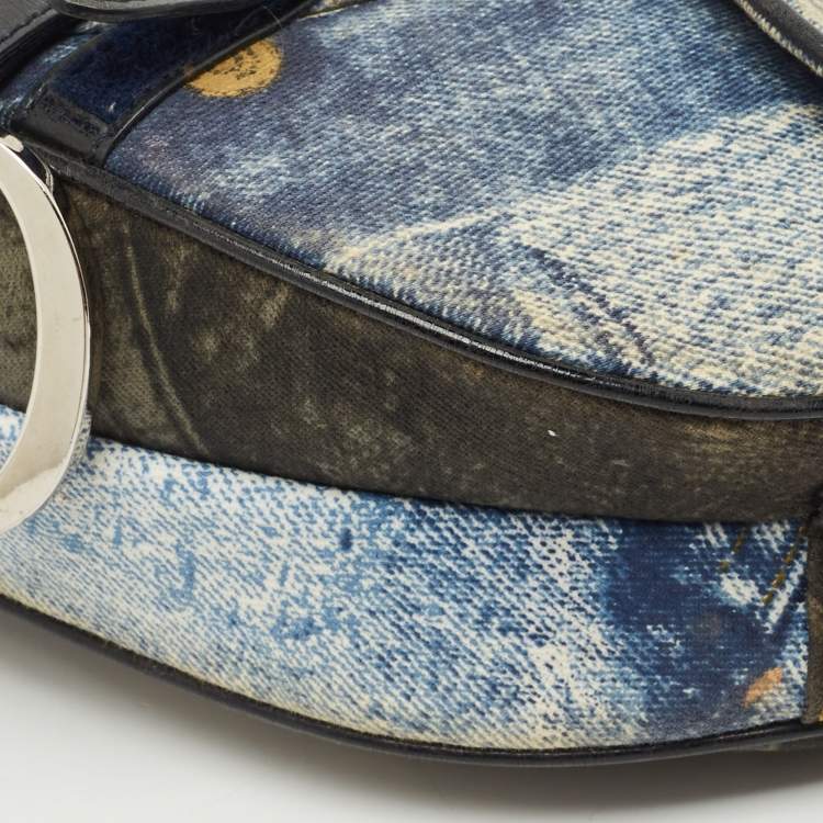 Pre Owned Dior Blue Denim and Patent Leather Speedway Saddle Bag