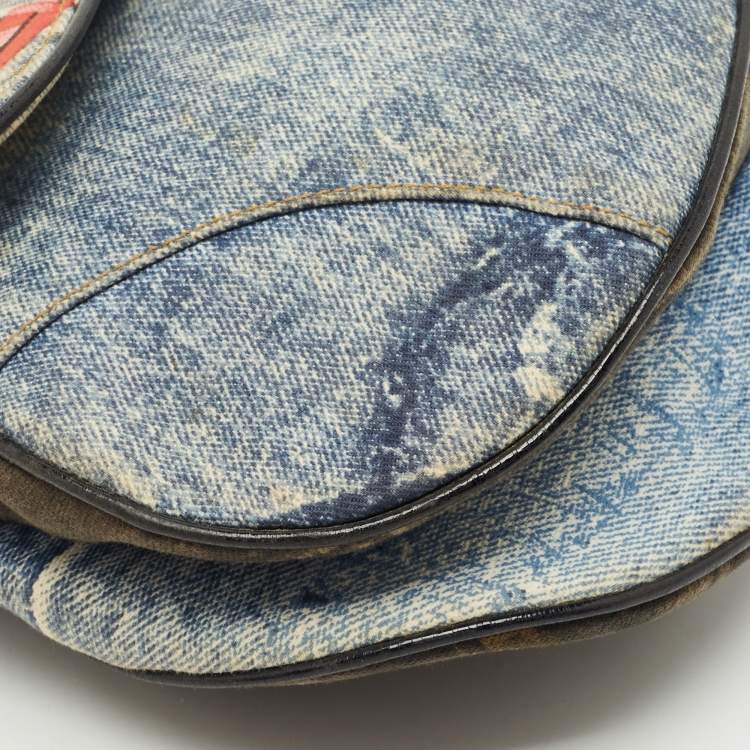 Pre Owned Dior Blue Denim and Patent Leather Speedway Saddle Bag