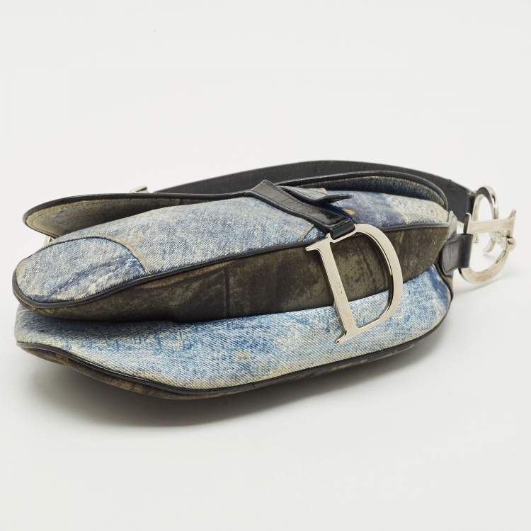 Pre Owned Dior Blue Denim and Patent Leather Speedway Saddle Bag
