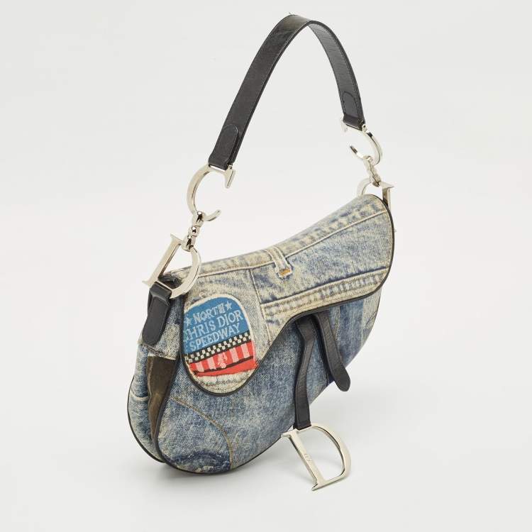 Pre Owned Dior Blue Denim and Patent Leather Speedway Saddle Bag