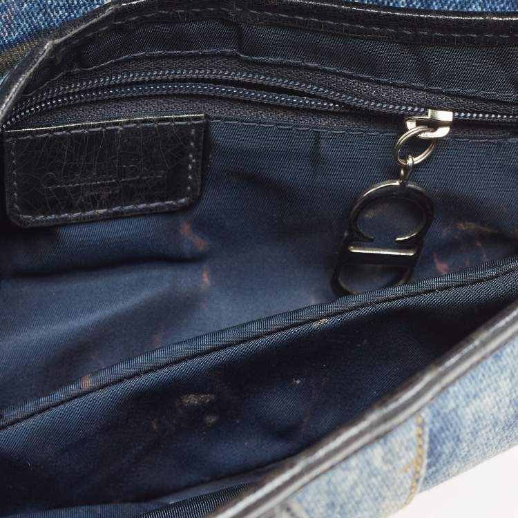 Pre Owned Dior Blue Denim and Patent Leather Speedway Saddle Bag