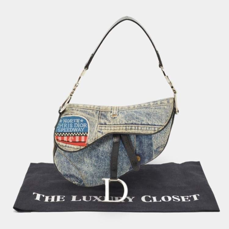 Pre Owned Dior Blue Denim and Patent Leather Speedway Saddle Bag