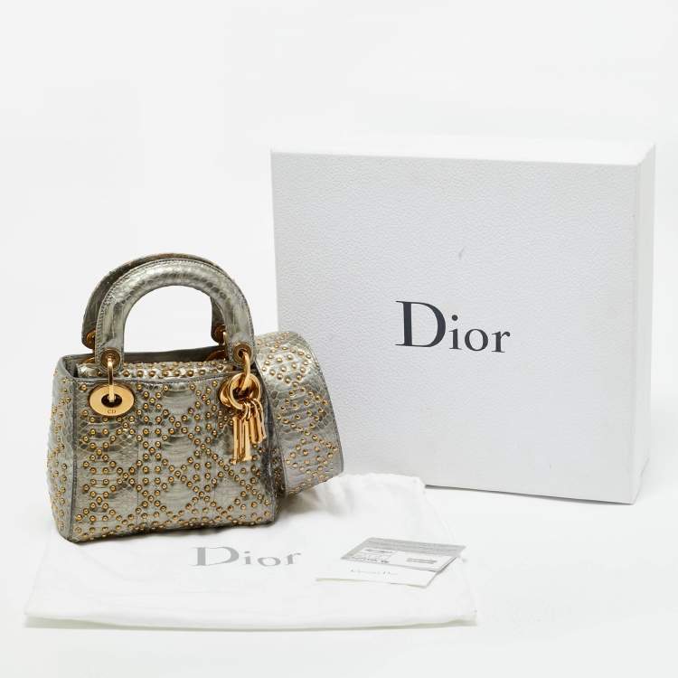 Pre Owned Dior Metallic Grey Cannage Python Mini Studded Supple Lady Dior Tote
