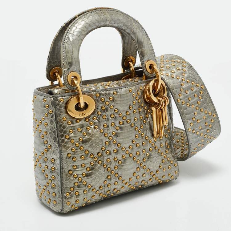 Pre Owned Dior Metallic Grey Cannage Python Mini Studded Supple Lady Dior Tote
