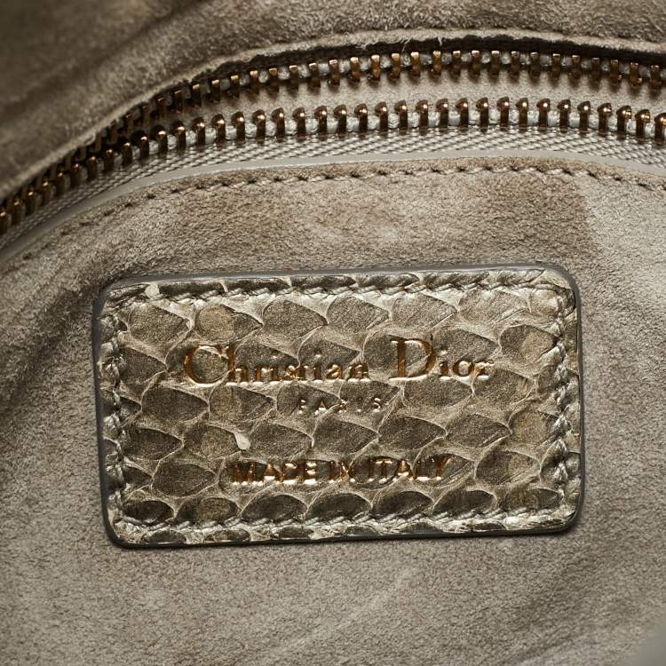 Pre Owned Dior Metallic Grey Cannage Python Mini Studded Supple Lady Dior Tote