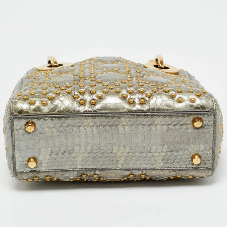 Pre Owned Dior Metallic Grey Cannage Python Mini Studded Supple Lady Dior Tote