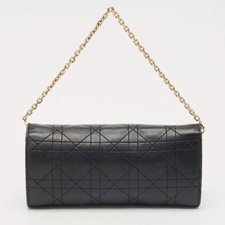 Pre Owned Dior Black Stitched Cannage Leather Diorling Continental Wallet on Chain